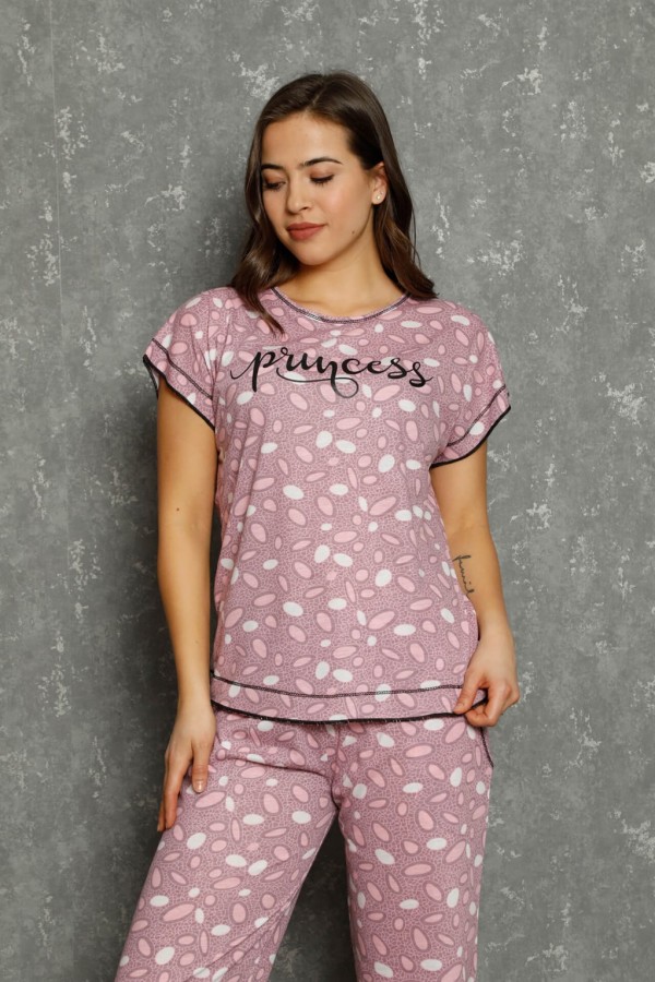 Moda Çizgi Kadın %100 Pamuk Penye Kısa Kol Kapri Pijama Takım 20558