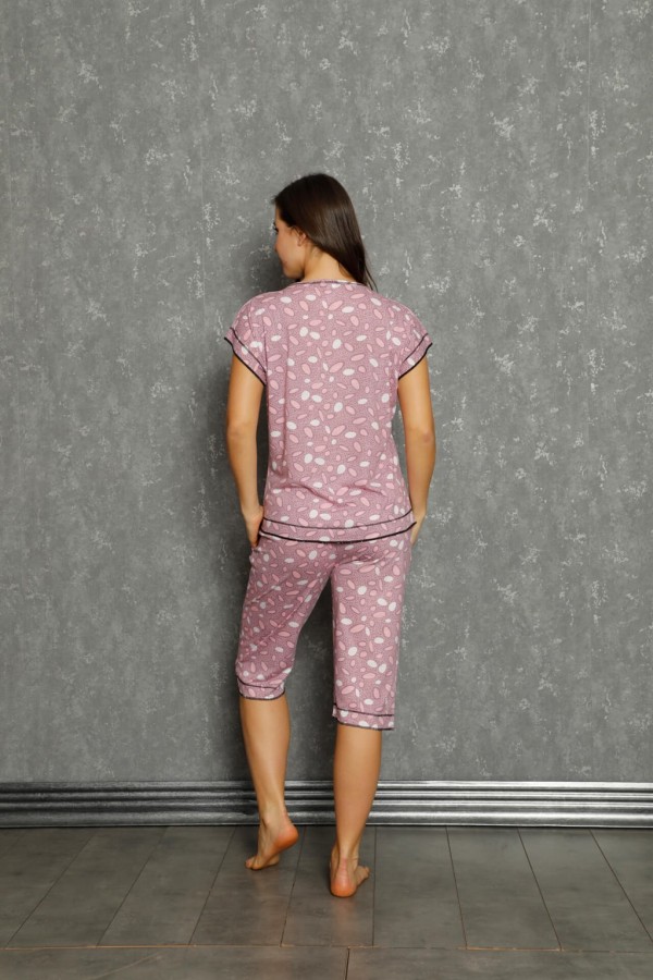Moda Çizgi Kadın %100 Pamuk Penye Kısa Kol Kapri Pijama Takım 20558
