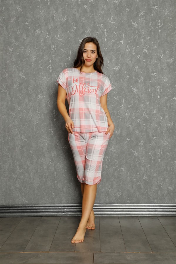 Moda Çizgi Kadın %100 Pamuk Penye Kısa Kol Kapri Pijama Takım 20563