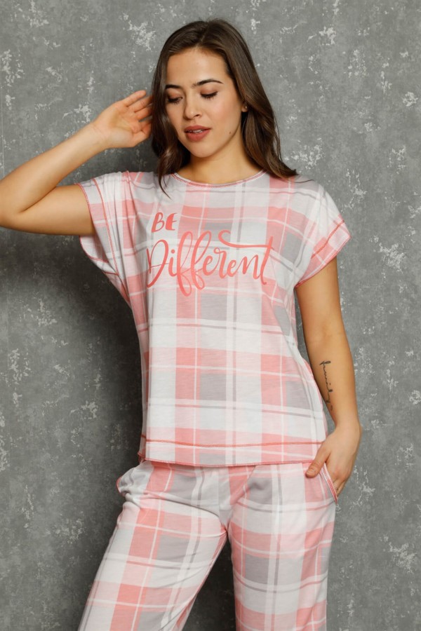 Moda Çizgi Kadın %100 Pamuk Penye Kısa Kol Kapri Pijama Takım 20563