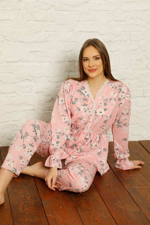Moda Çizgi Kadın %100 Pamuk Penye Pileli Pijama Takım 17101