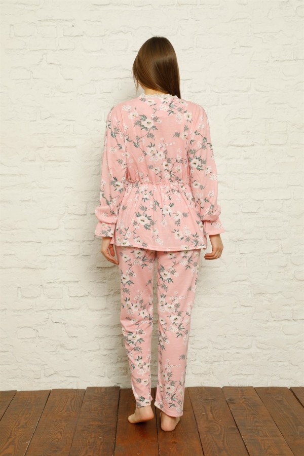 Moda Çizgi Kadın %100 Pamuk Penye Pileli Pijama Takım 17101