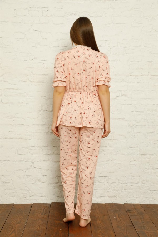 Moda Çizgi Kadın %100 Pamuk Penye Pileli Pijama Takım 17103