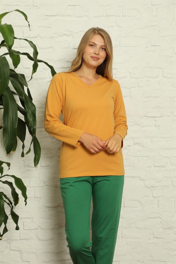 Moda Çizgi Kadın %100 Pamuk Penye Uzun Kol Pijama Takım 3407