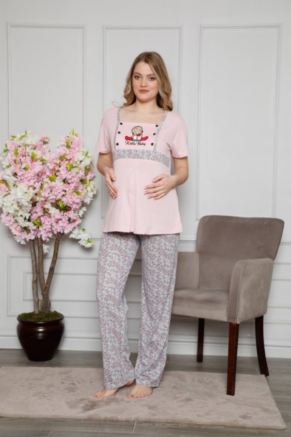 Moda Çizgi Kadın %100 Pamuklu Hamile Pijama Takımı 4505