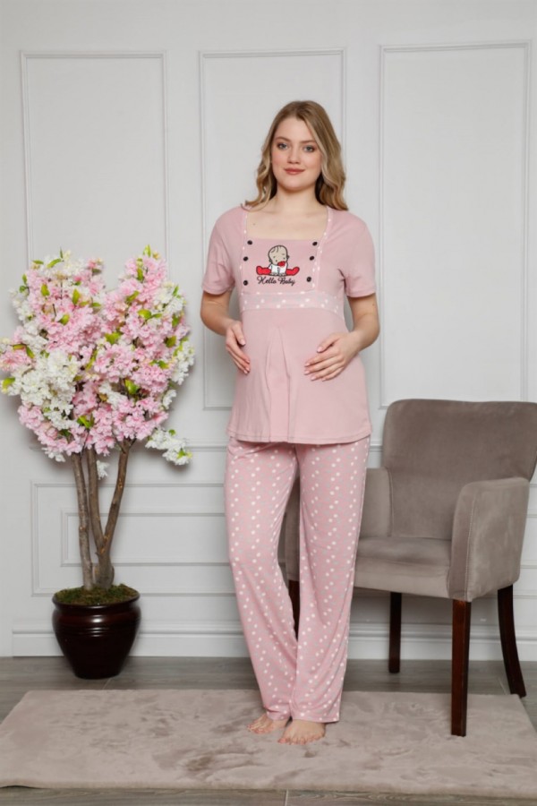 Moda Çizgi Kadın %100 Pamuklu Hamile Pijama Takımı 4508