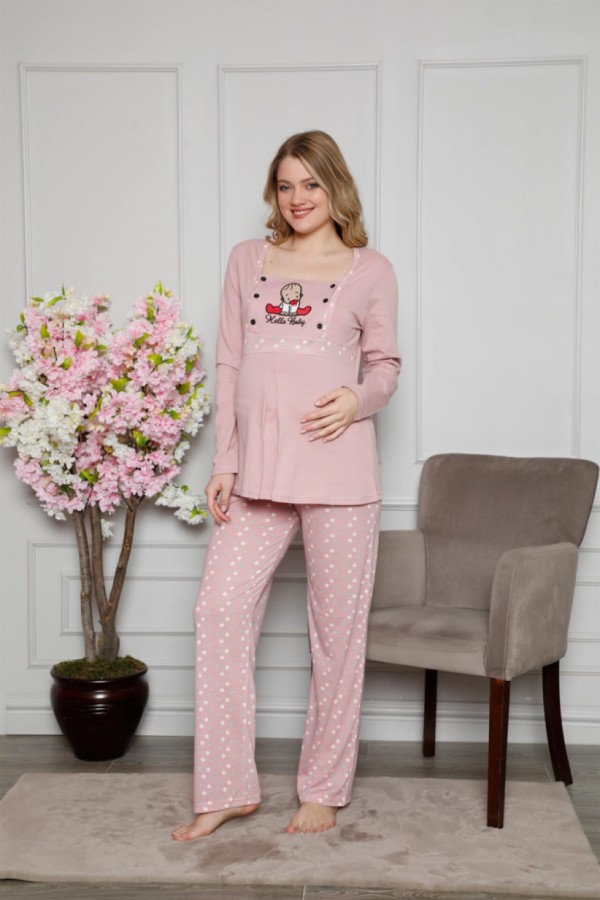 Moda Çizgi Kadın %100 Pamuklu Hamile Pijama Takımı 4515