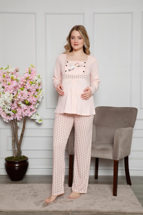 Moda Çizgi Kadın %100 Pamuklu Hamile Pijama Takımı 4517