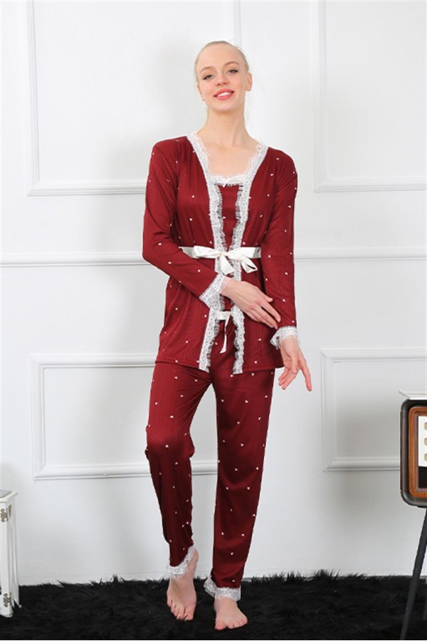 Moda Çizgi Kadın 3'lü Bordo Sabahlık Pijama Takım 16103