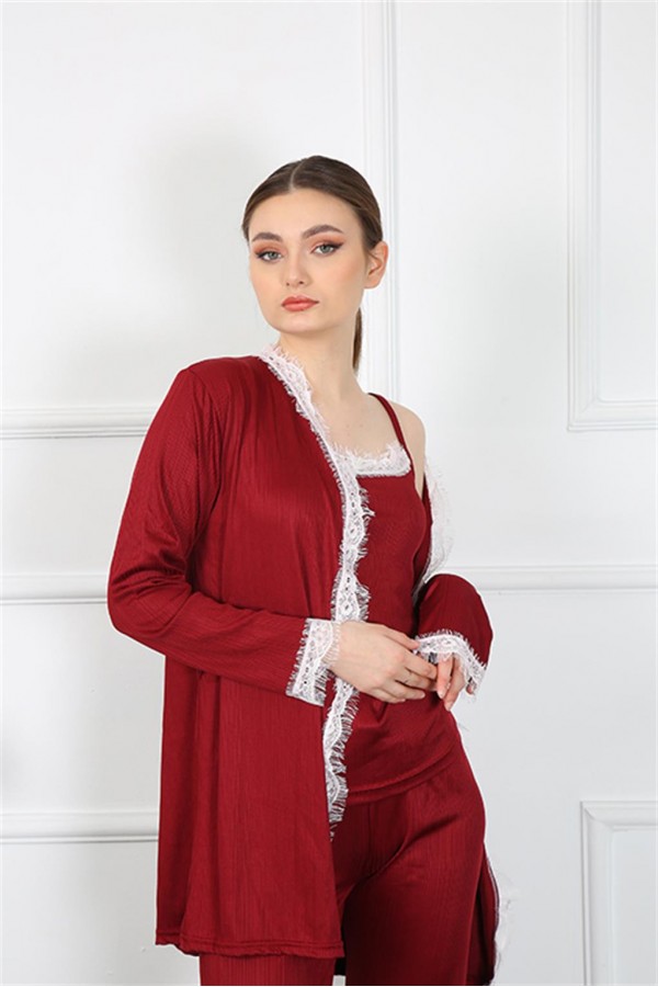 Moda Çizgi Kadın 3'lü Bordo Sabahlık Takım 16108
