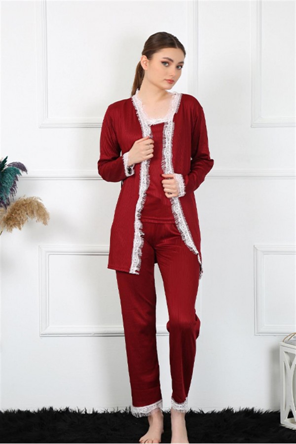 Moda Çizgi Kadın 3'lü Bordo Sabahlık Takım 16108