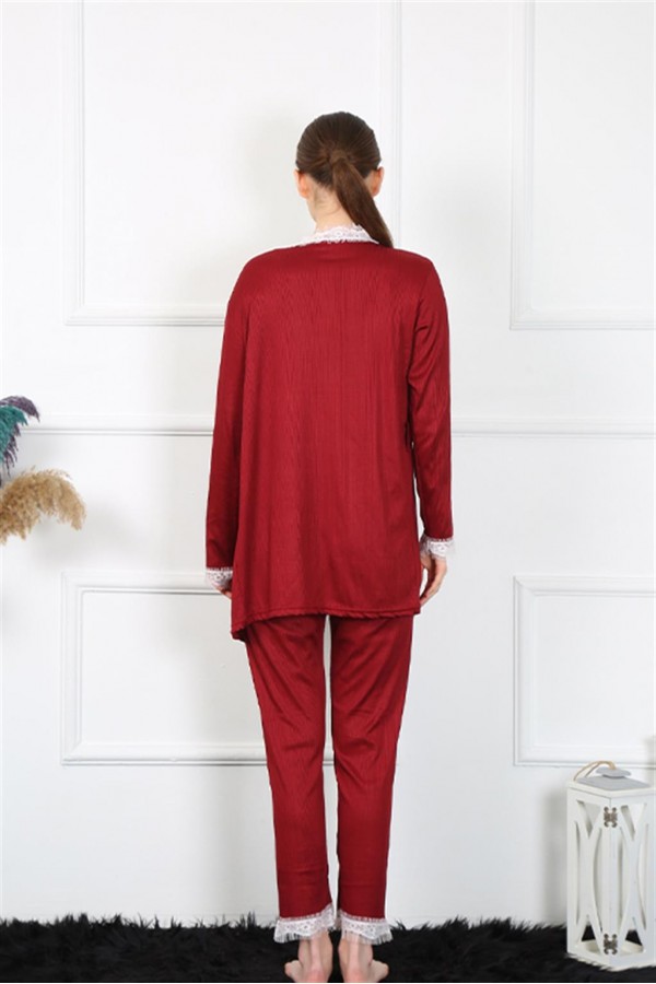 Moda Çizgi Kadın 3'lü Bordo Sabahlık Takım 16108