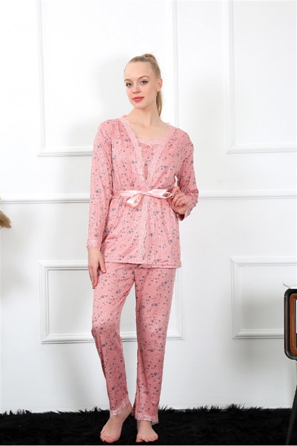 Moda Çizgi Kadın 3'lü Gül Kurusu Sabahlık Pijama Takım 16103