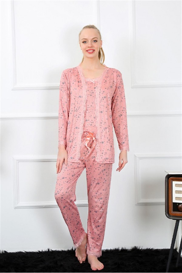 Moda Çizgi Kadın 3'lü Gül Kurusu Sabahlık Pijama Takım 16103