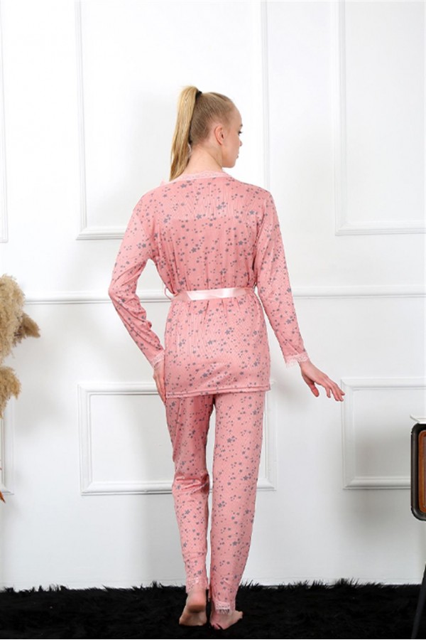 Moda Çizgi Kadın 3'lü Gül Kurusu Sabahlık Pijama Takım 16103
