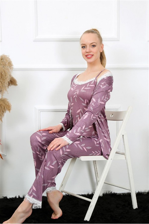 Moda Çizgi Kadın 3'lü Lila Sabahlık Pijama Takım 16103