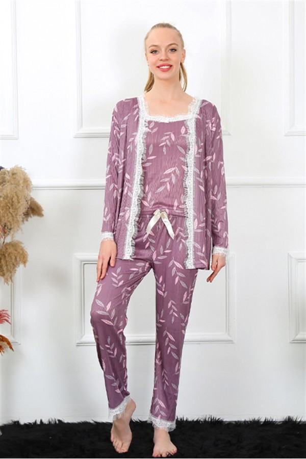 Moda Çizgi Kadın 3'lü Lila Sabahlık Pijama Takım 16103