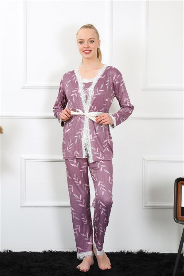 Moda Çizgi Kadın 3'lü Lila Sabahlık Pijama Takım 16103