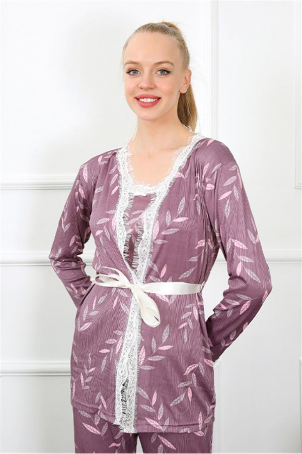 Moda Çizgi Kadın 3'lü Lila Sabahlık Pijama Takım 16103
