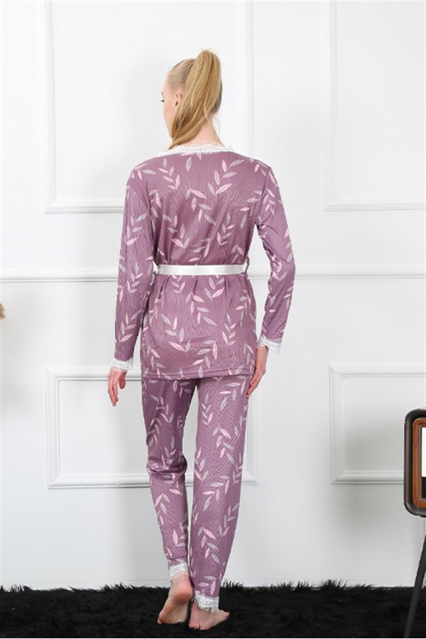 Moda Çizgi Kadın 3'lü Lila Sabahlık Pijama Takım 16103