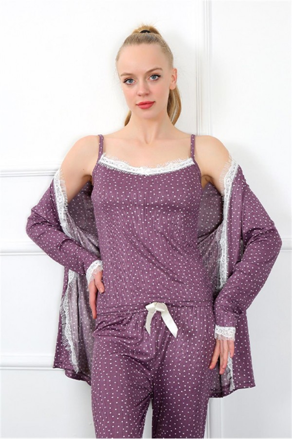 Moda Çizgi Kadın 3'lü Mürdüm Sabahlık Pijama Takım 16103
