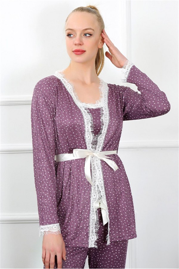 Moda Çizgi Kadın 3'lü Mürdüm Sabahlık Pijama Takım 16103