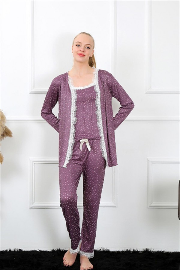 Moda Çizgi Kadın 3'lü Mürdüm Sabahlık Pijama Takım 16103