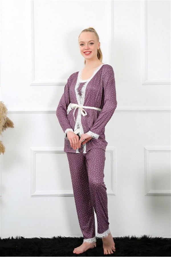 Moda Çizgi Kadın 3'lü Mürdüm Sabahlık Pijama Takım 16103