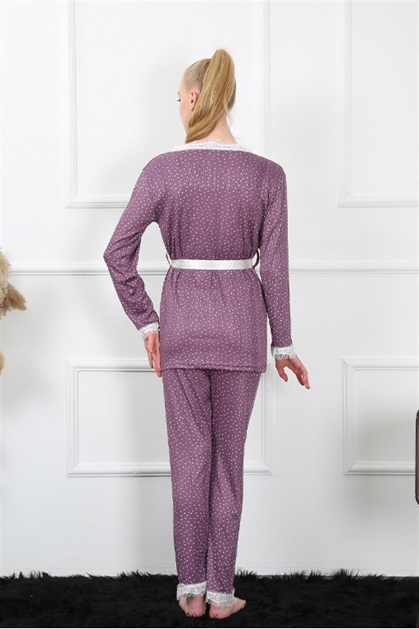 Moda Çizgi Kadın 3'lü Mürdüm Sabahlık Pijama Takım 16103