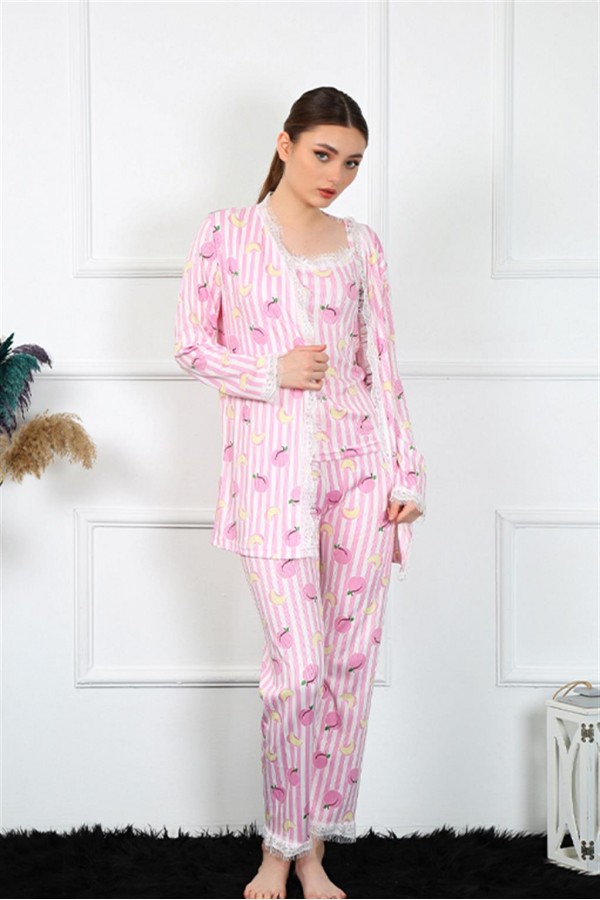 Moda Çizgi Kadın 3'lü Pembe Sabahlık Takım 16104