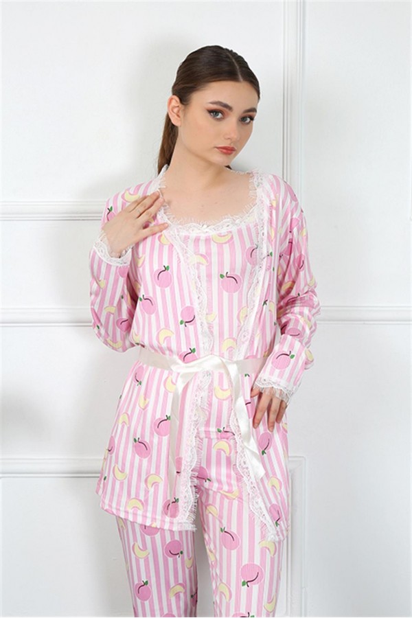 Moda Çizgi Kadın 3'lü Pembe Sabahlık Takım 16104