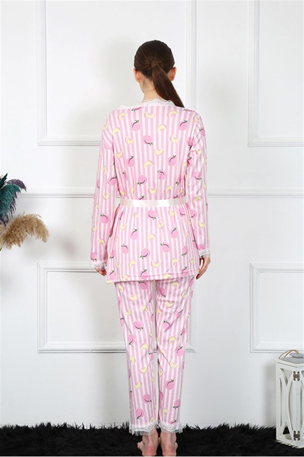 Moda Çizgi Kadın 3'lü Pembe Sabahlık Takım 16104
