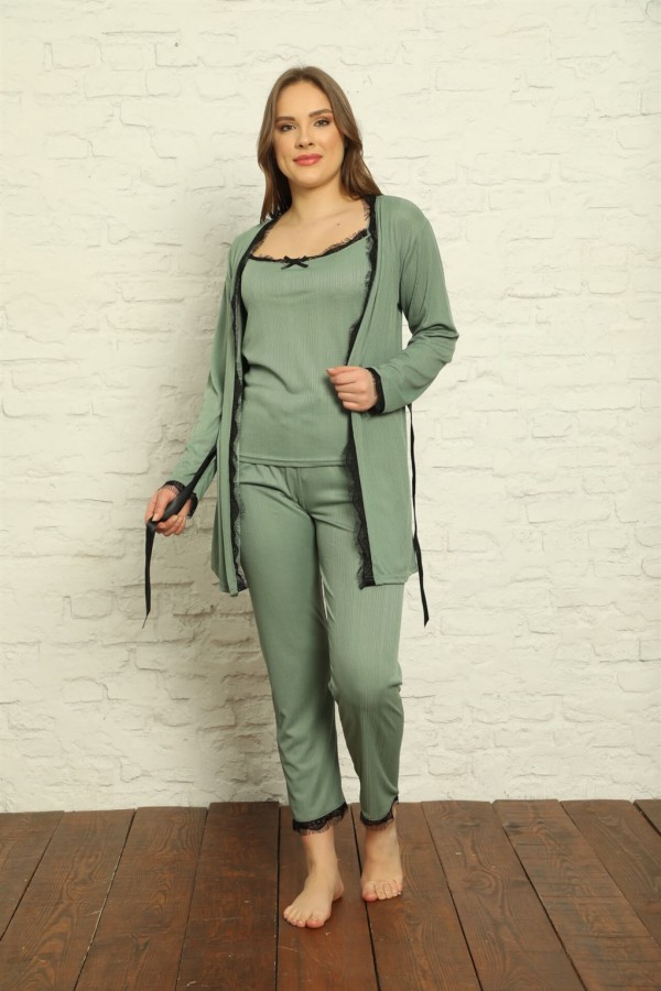 Moda Çizgi Kadın 3'lü Sabahlık Pijama Takım 20564
