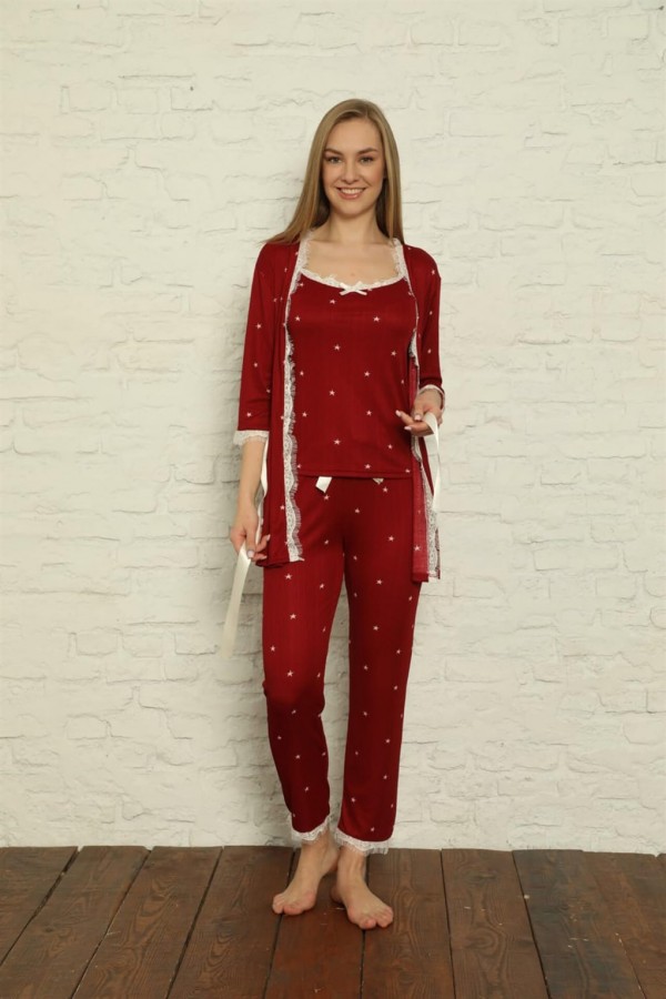Moda Çizgi Kadın 3'lü Sabahlık Pijama Takım 20592