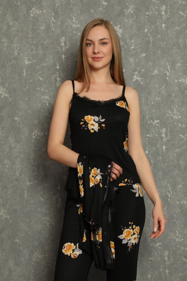 Moda Çizgi Kadın 3'lü Sabahlık Pijama Takım 20596