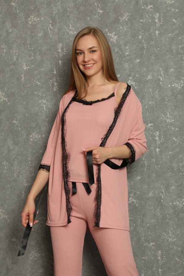 Moda Çizgi Kadın 3'lü Sabahlık Pijama Takım 20598