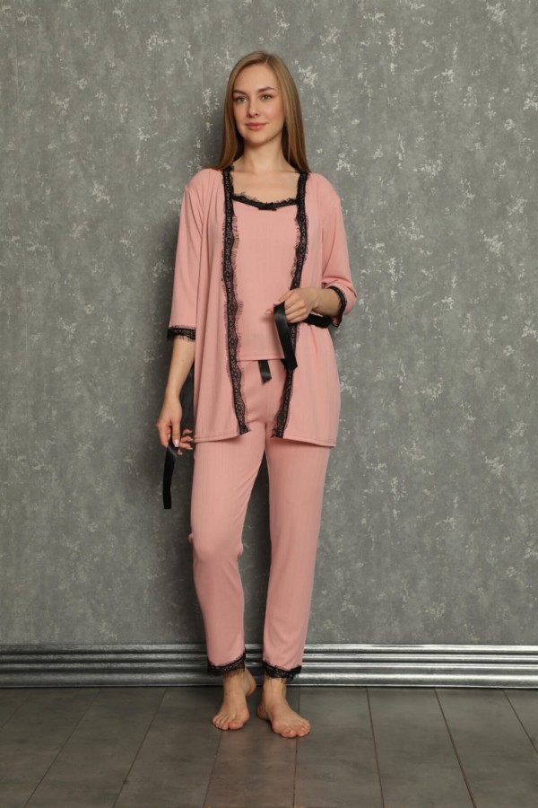 Moda Çizgi Kadın 3'lü Sabahlık Pijama Takım 20598