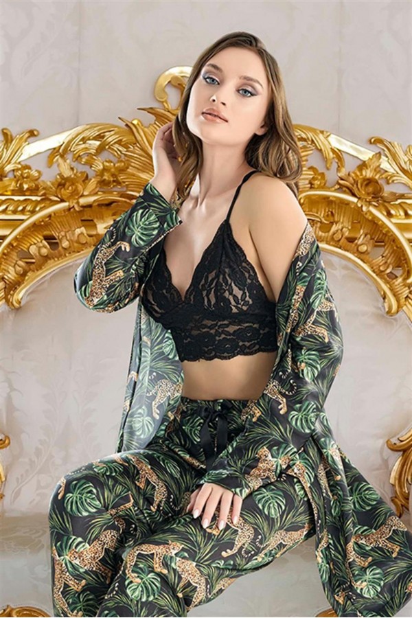 Moda Çizgi Kadın 3'lü Saten Leopar Sabahlık Takım S-4011