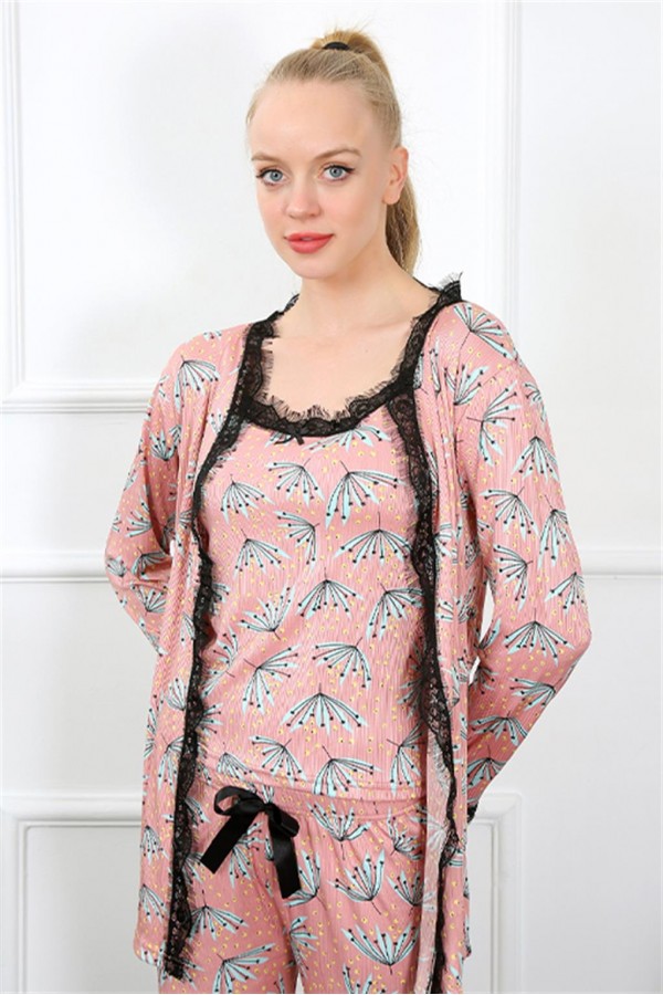 Moda Çizgi Kadın 3'lü Somon Sabahlık Pijama Takım 16103