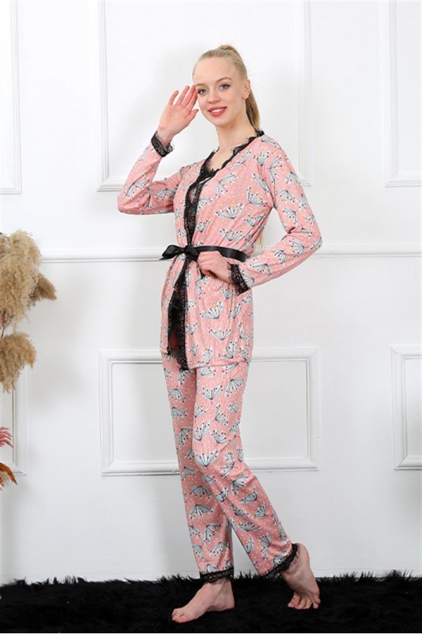 Moda Çizgi Kadın 3'lü Somon Sabahlık Pijama Takım 16103