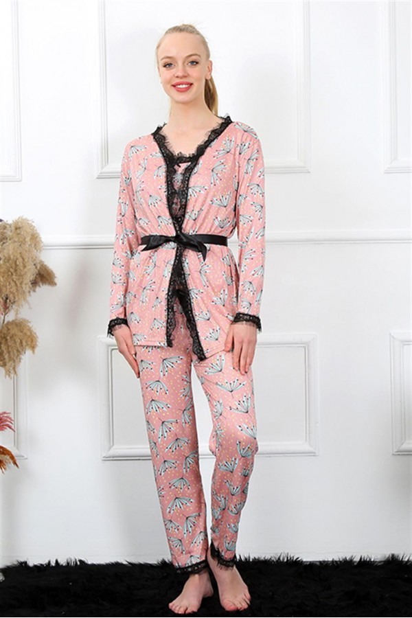 Moda Çizgi Kadın 3'lü Somon Sabahlık Pijama Takım 16103