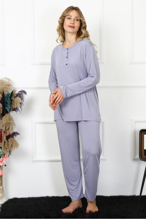 Moda Çizgi Kadın 4XL-5XL-6XL-7XL-8XL Büyük Beden Lila Uzun Kol Pijama Takım 75013