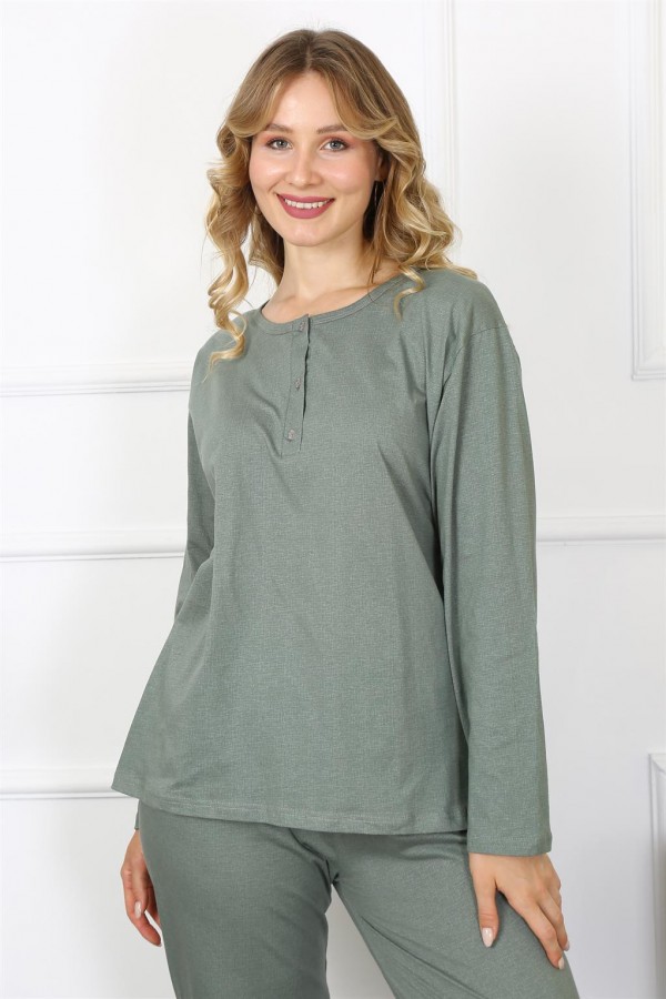 Moda Çizgi Kadın 4XL-5XL-6XL-7XL-8XL Büyük Beden Yeşil Uzun Kol Pijama Takım 75013