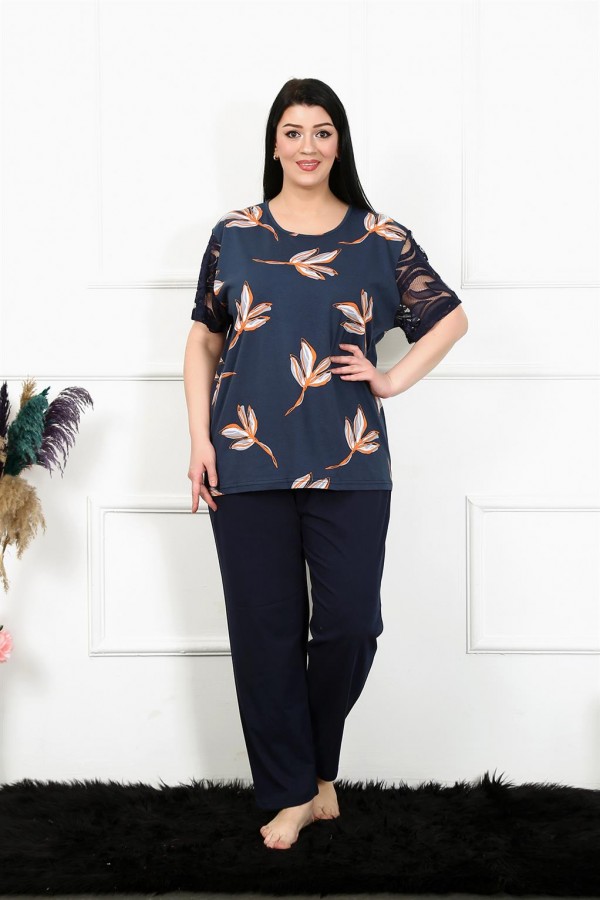 Moda Çizgi Kadın 5XL-6XL-7XL-8XL Büyük Beden Kısa Kol Pijama Takım 75005