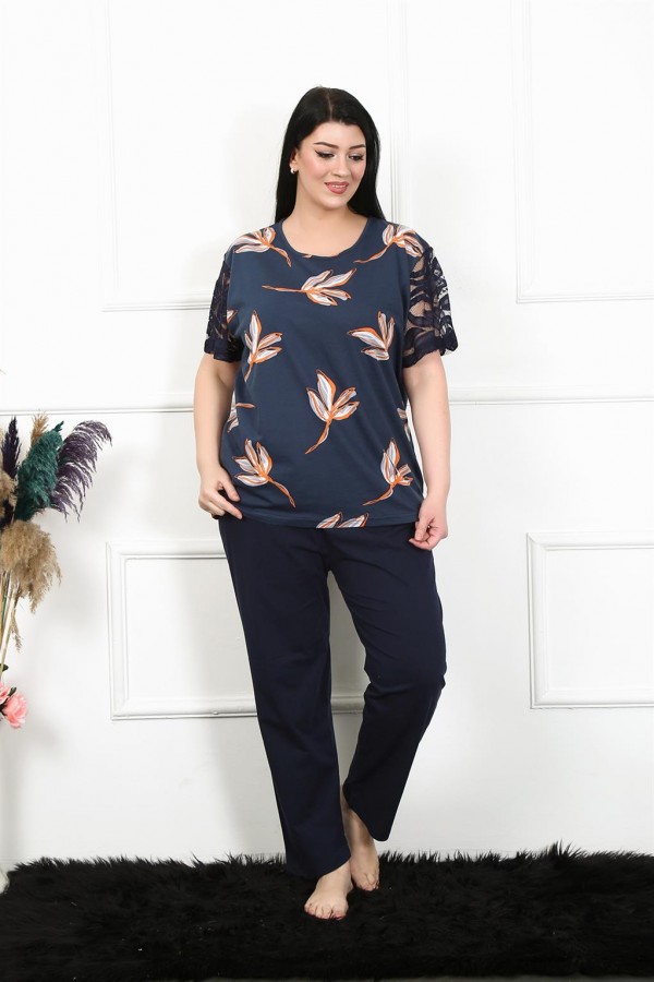 Moda Çizgi Kadın 5XL-6XL-7XL-8XL Büyük Beden Kısa Kol Pijama Takım 75005