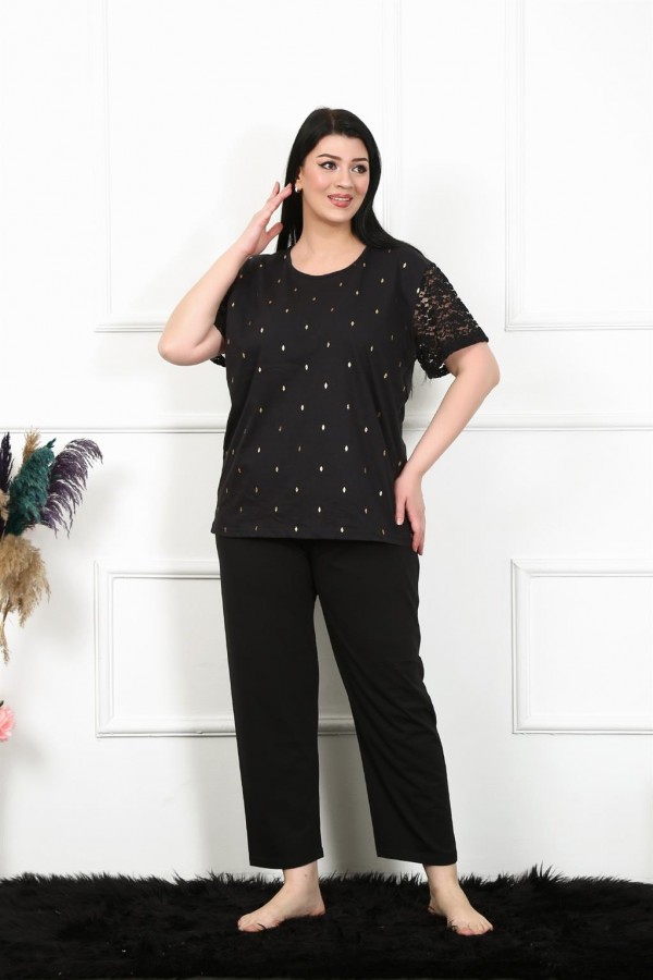 Moda Çizgi Kadın 5XL-6XL-7XL-8XL Büyük Beden Kısa Kol Pijama Takım 75006