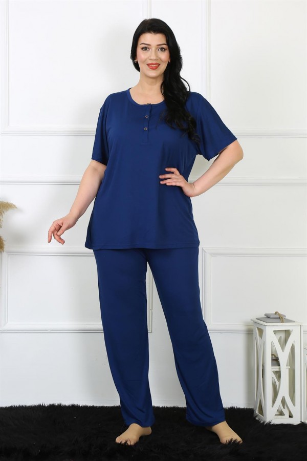 Moda Çizgi Kadın 5XL-6XL-7XL-8XL Büyük Beden Lacivert Kısa Kol Pijama Takım 75012