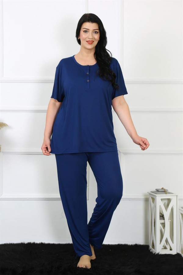 Moda Çizgi Kadın 5XL-6XL-7XL-8XL Büyük Beden Lacivert Kısa Kol Pijama Takım 75012