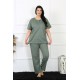 Moda Çizgi Kadın 5XL-6XL-7XL-8XL Büyük Beden Yeşil Kısa Kol Pijama Takım 75012