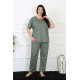 Moda Çizgi Kadın 5XL-6XL-7XL-8XL Büyük Beden Yeşil Kısa Kol Pijama Takım 75012